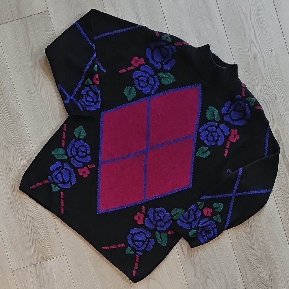 Vintage Casual Corner Floral Rose Argyle Mock Neck Sweater, Med